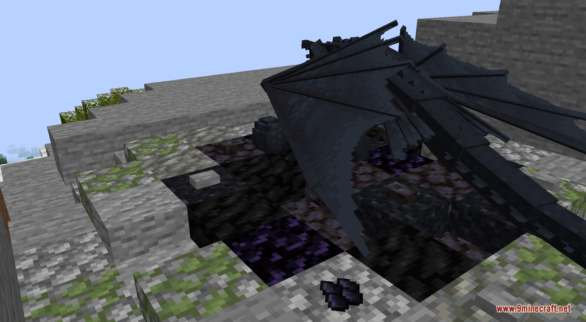 A black dragon resting on its nest in a stony peaks biome
