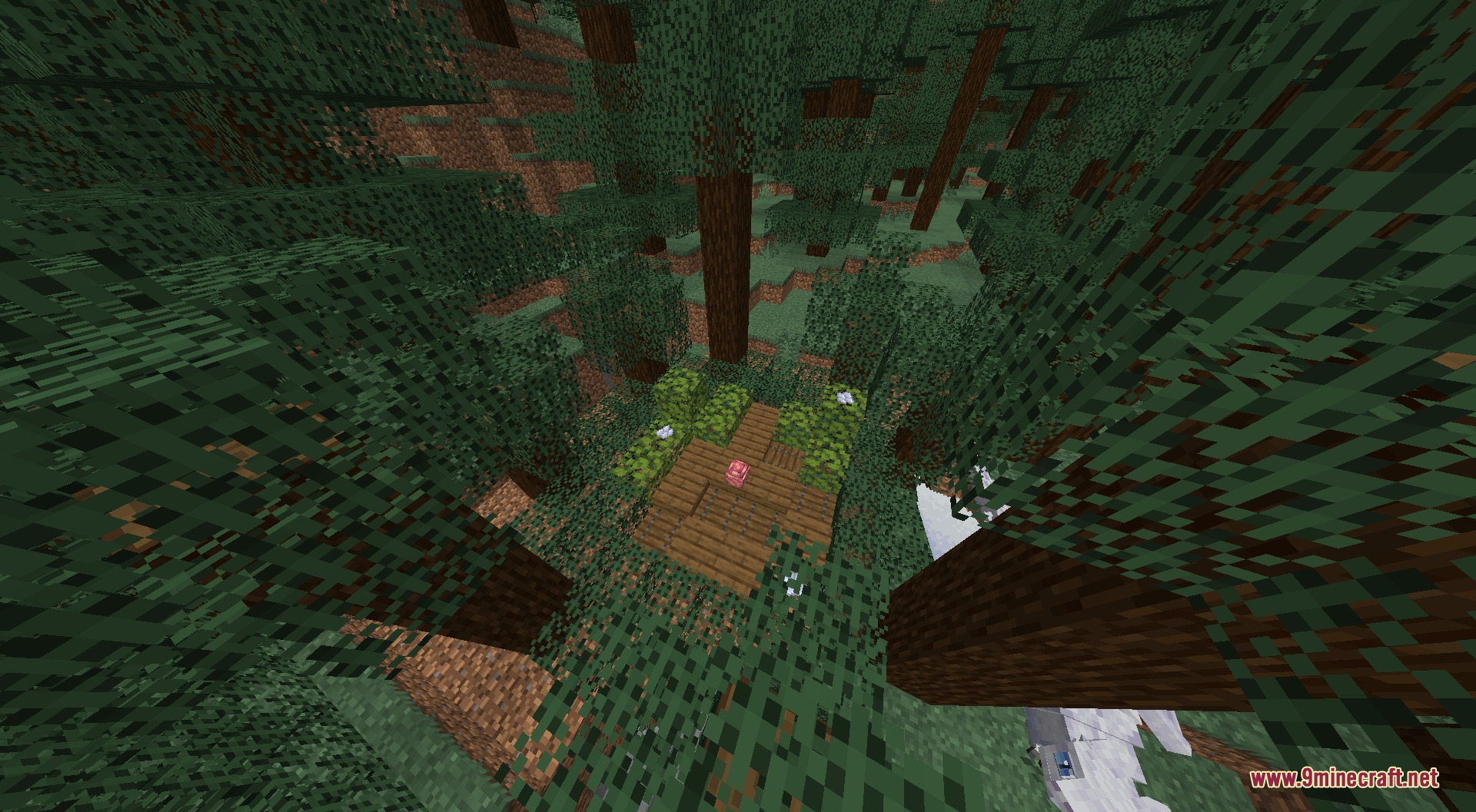 A pink dragon egg sitting on a wooden nest in a spruce forest