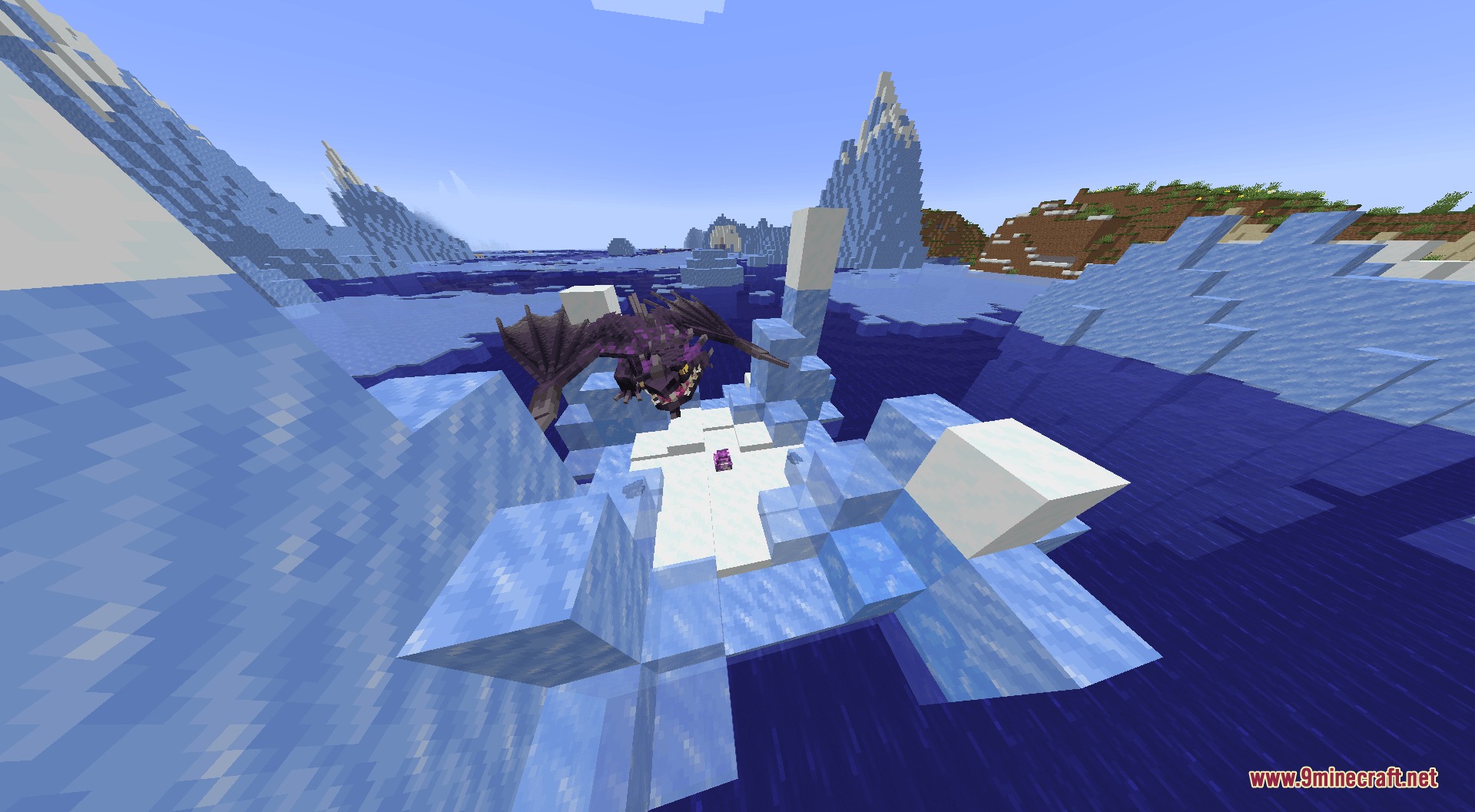 A purple Skrill dragon flying over a nest in a frozen ocean biome