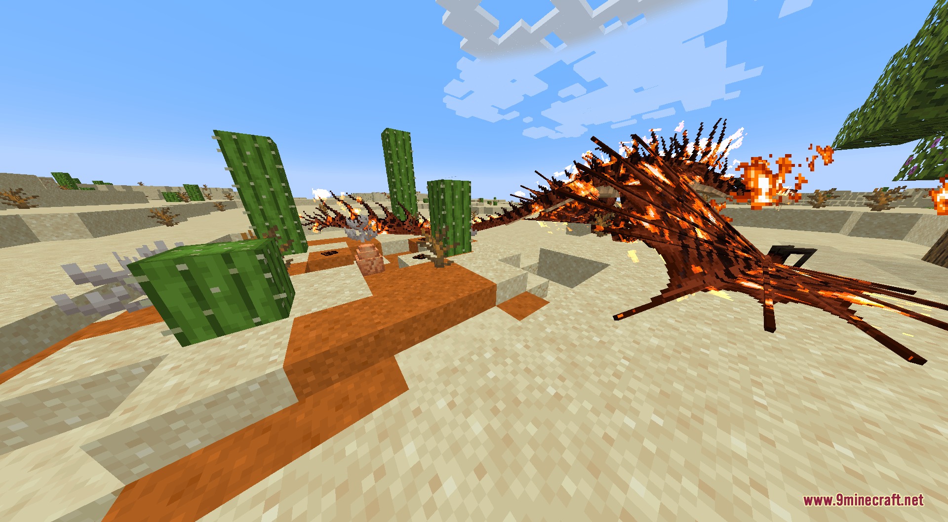 A fiery Monstrous Nightmare dragon resting on a nest in a desert biome