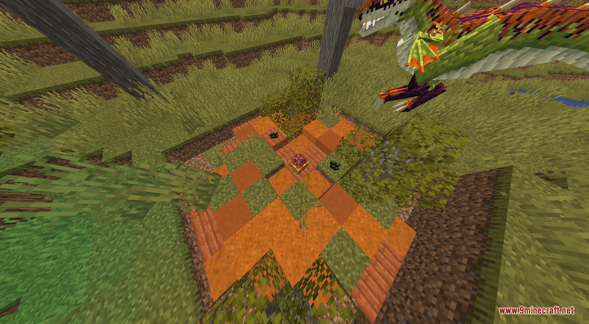 A green dragon flying above a natural nesting spot in a grassy biome