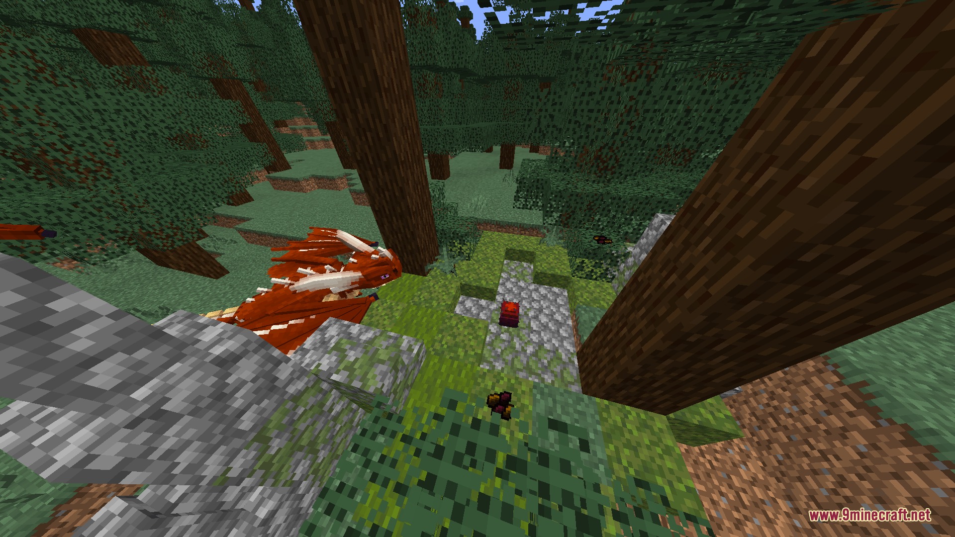 A red dragon resting beside a red egg in a forest nest structure