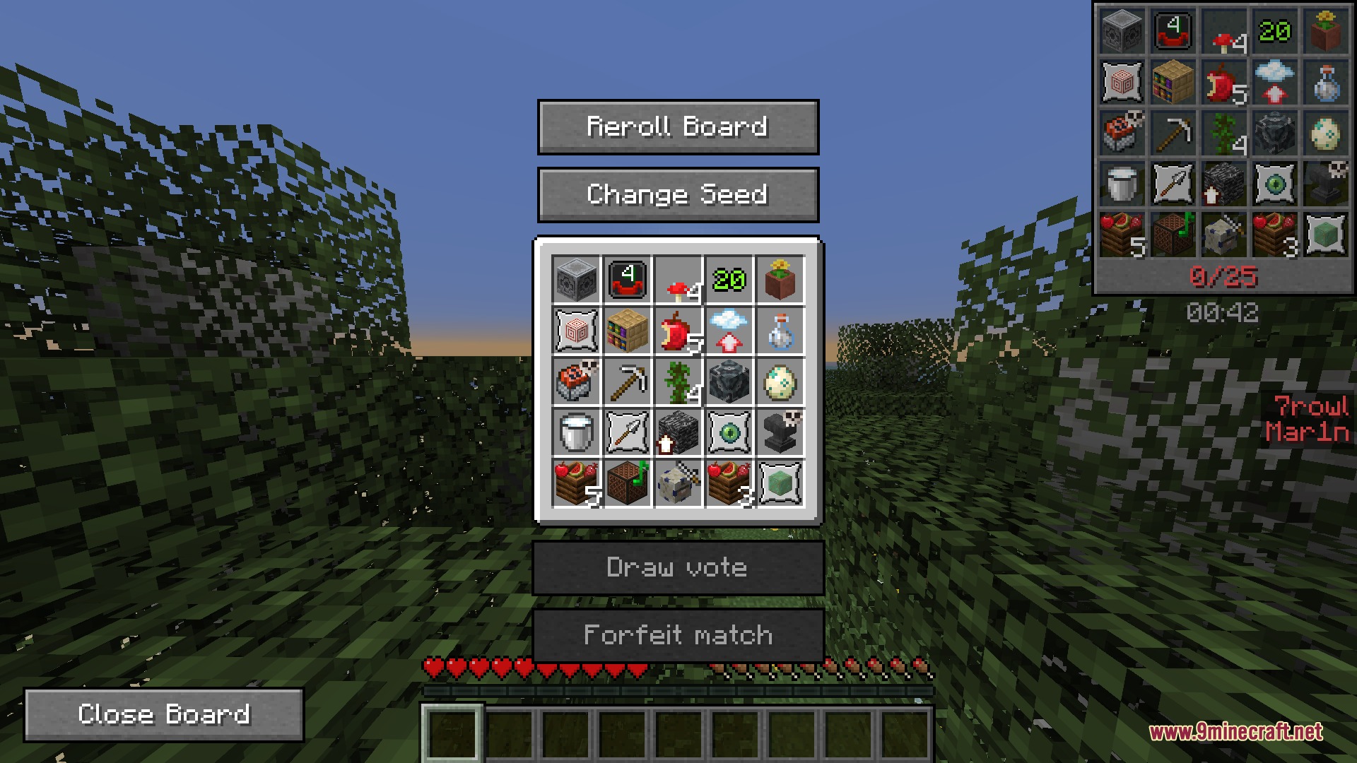 The drafting interface displays a bingo board with various item goals