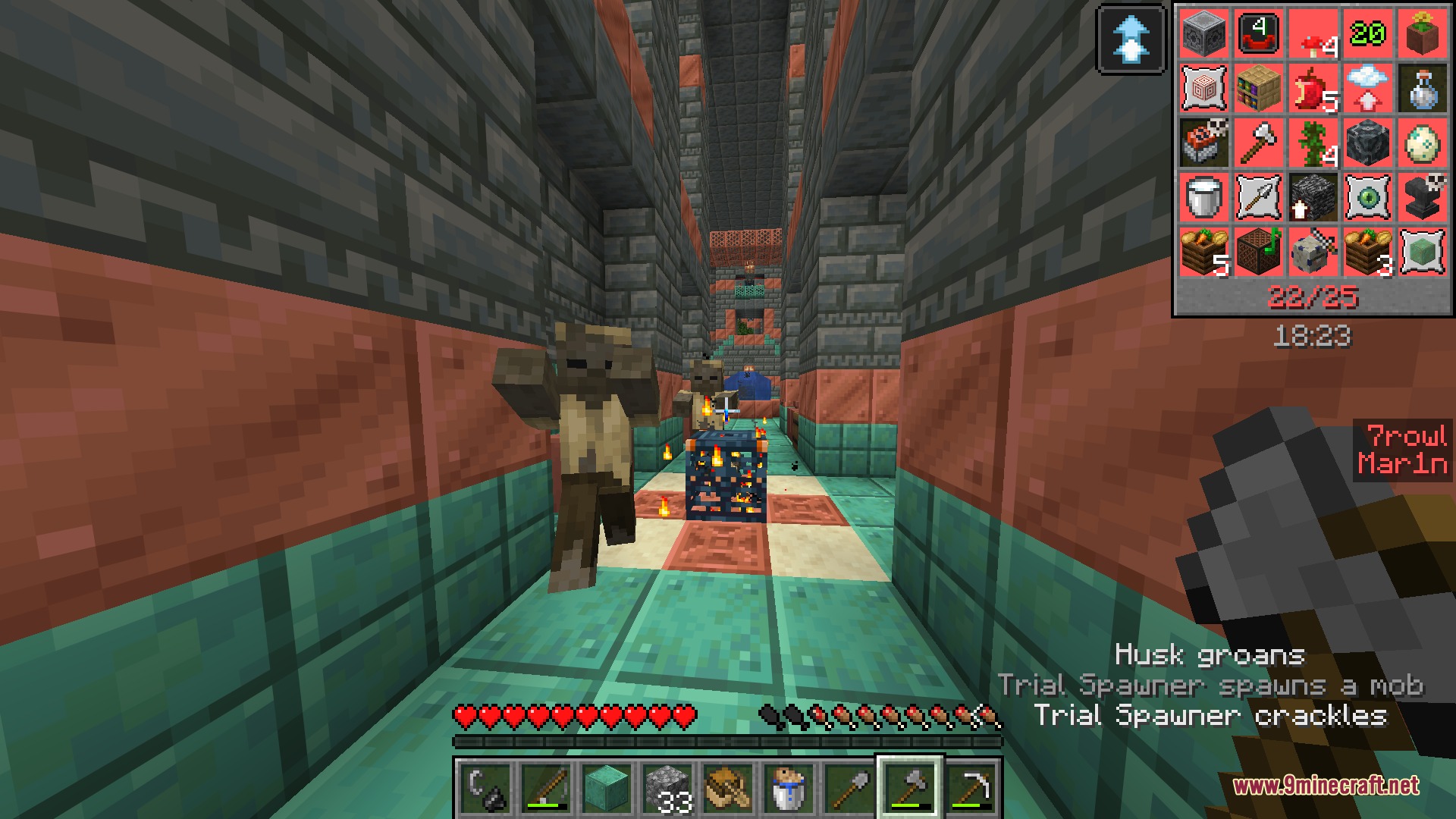 Minecraft player battles a husk spawned by a trial spawner in a chamber