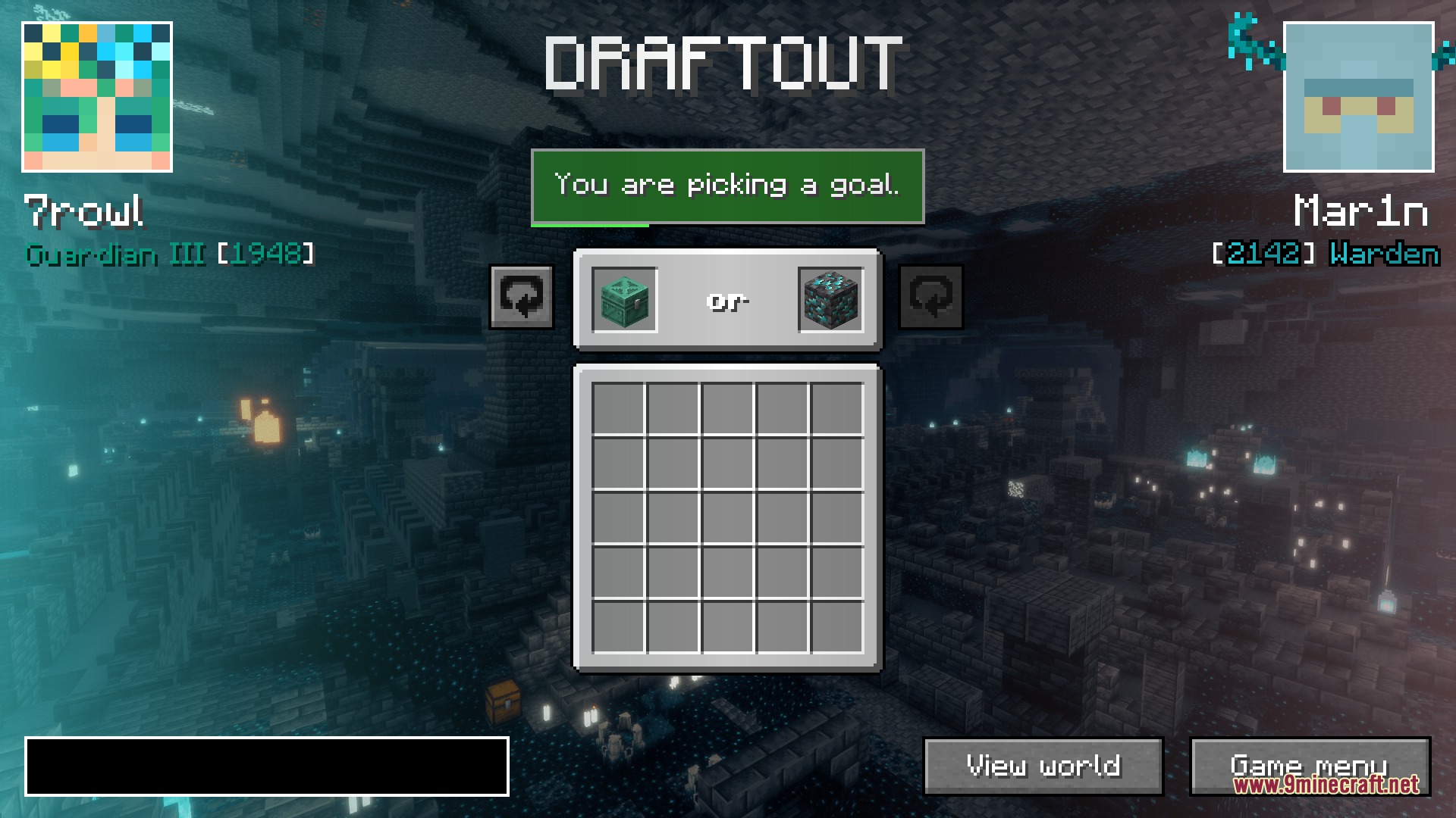 Players select competitive bingo goals using the Draftout mod interface in Minecraft