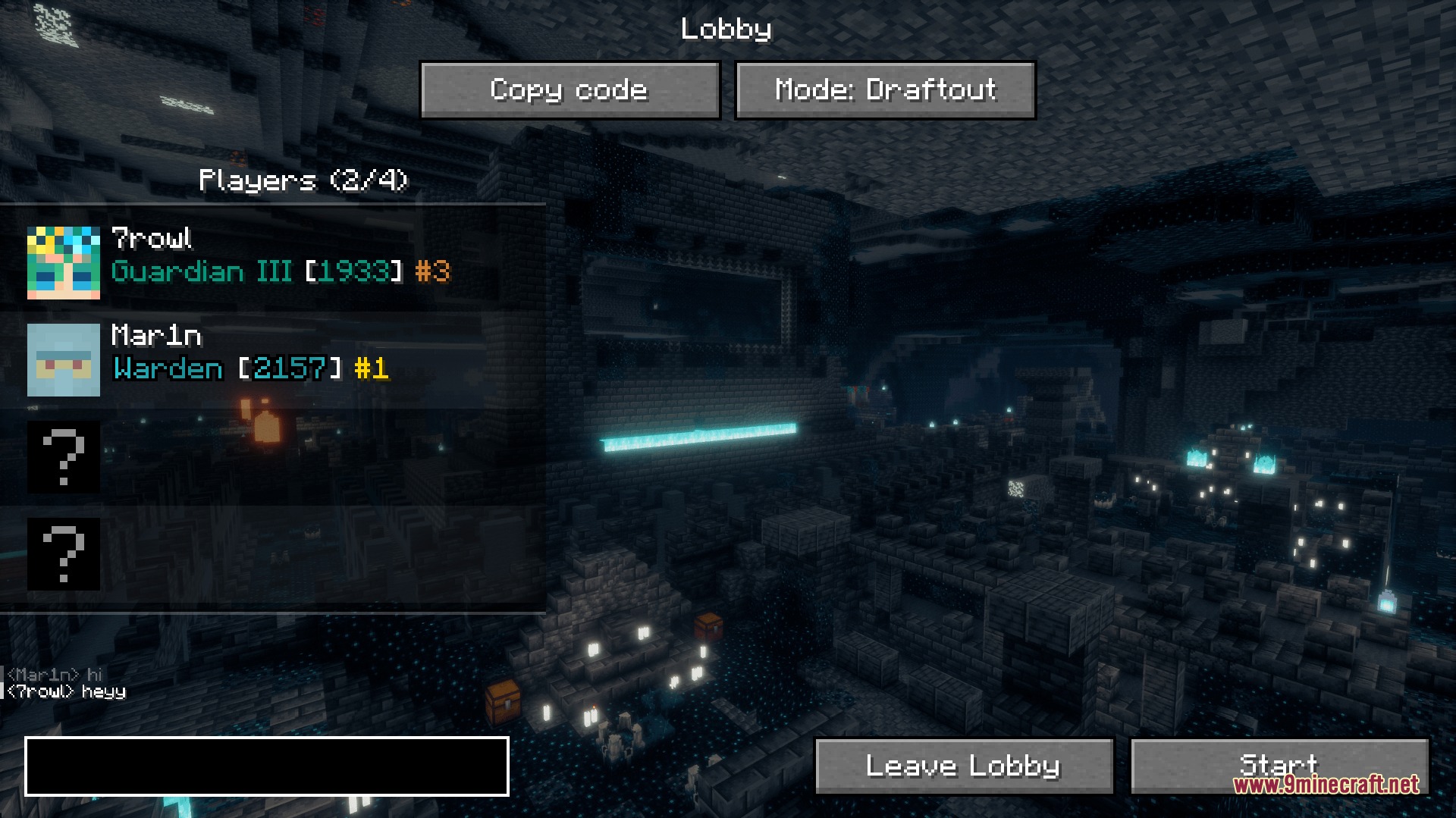 A Minecraft lobby screen showing players waiting to start a Draftout bingo match