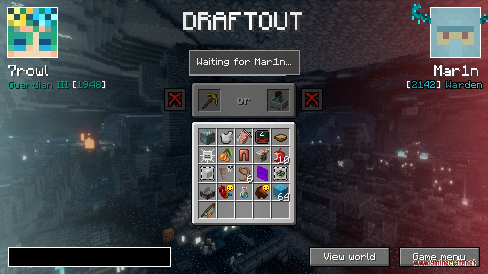 A custom menu showing two players drafting items for a competitive bingo match