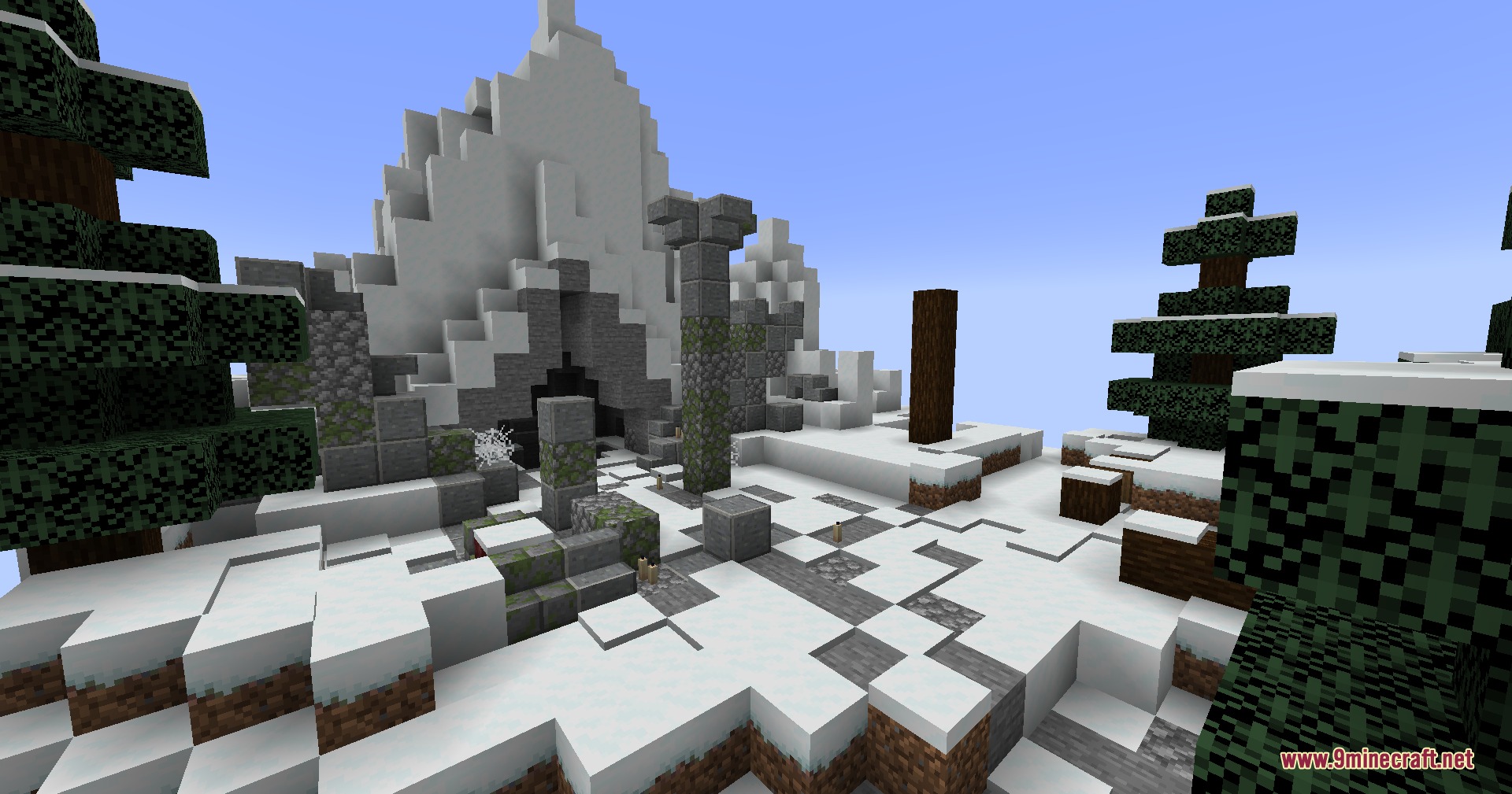 Dragon Priest Mod Screenshot 1 Snowy landscape with an ancient stone structure leading to a hidden tomb