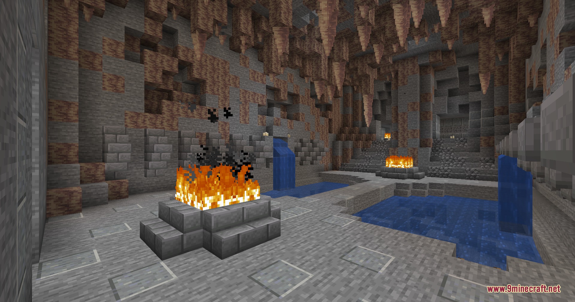 Dragon Priest Mod Screenshot 6 A large underground Nordic chamber with stalactites water pools and fire pits