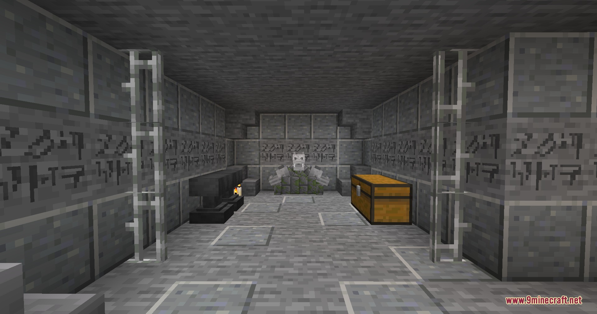 Dragon Priest Mod Screenshot 7 A stone chamber with runic walls featuring an anvil and a wooden chest