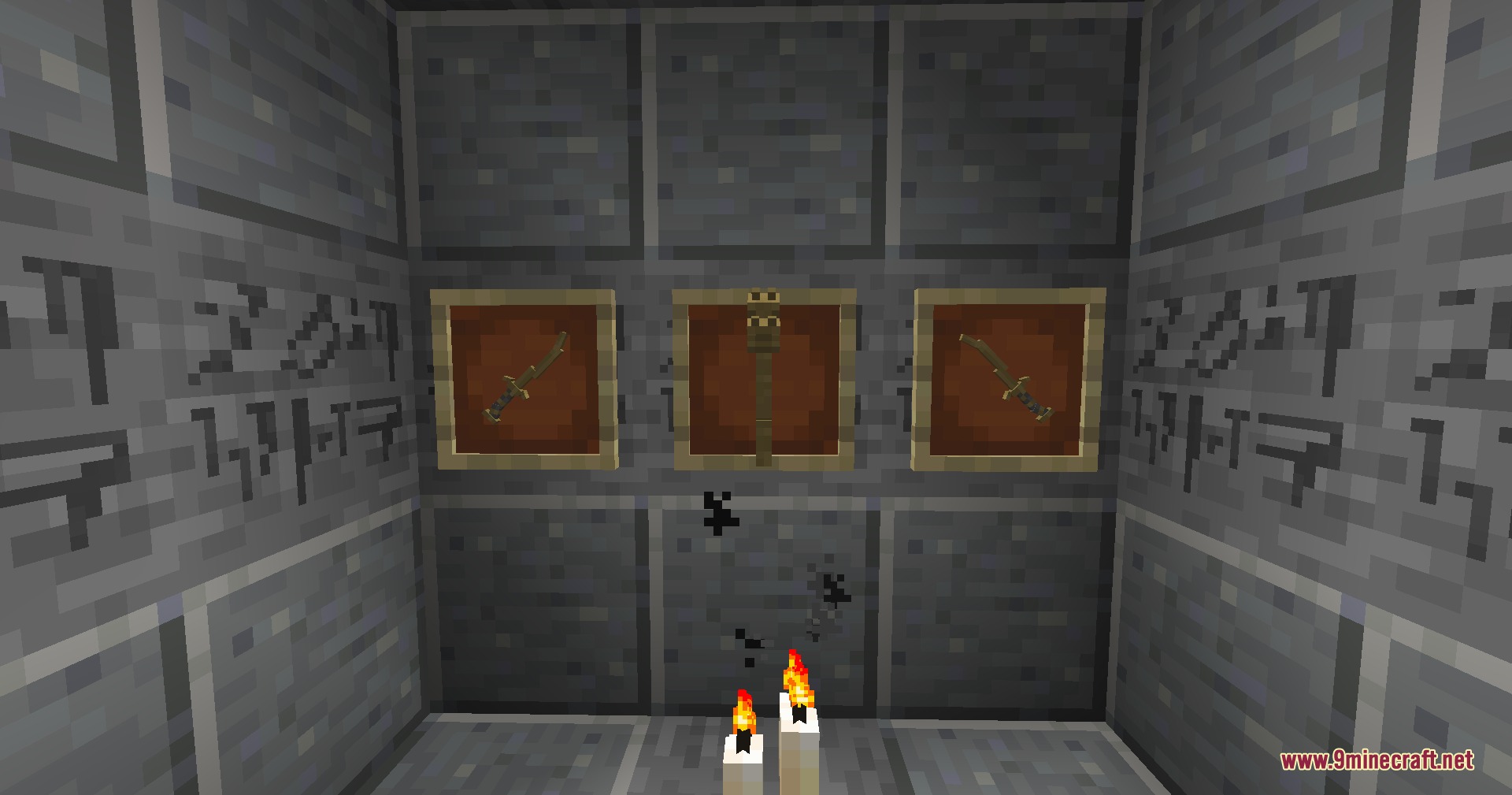 Dragon Priest Mod Screenshot 8 Ancient daggers and a wooden mask displayed in item frames on a runic wall