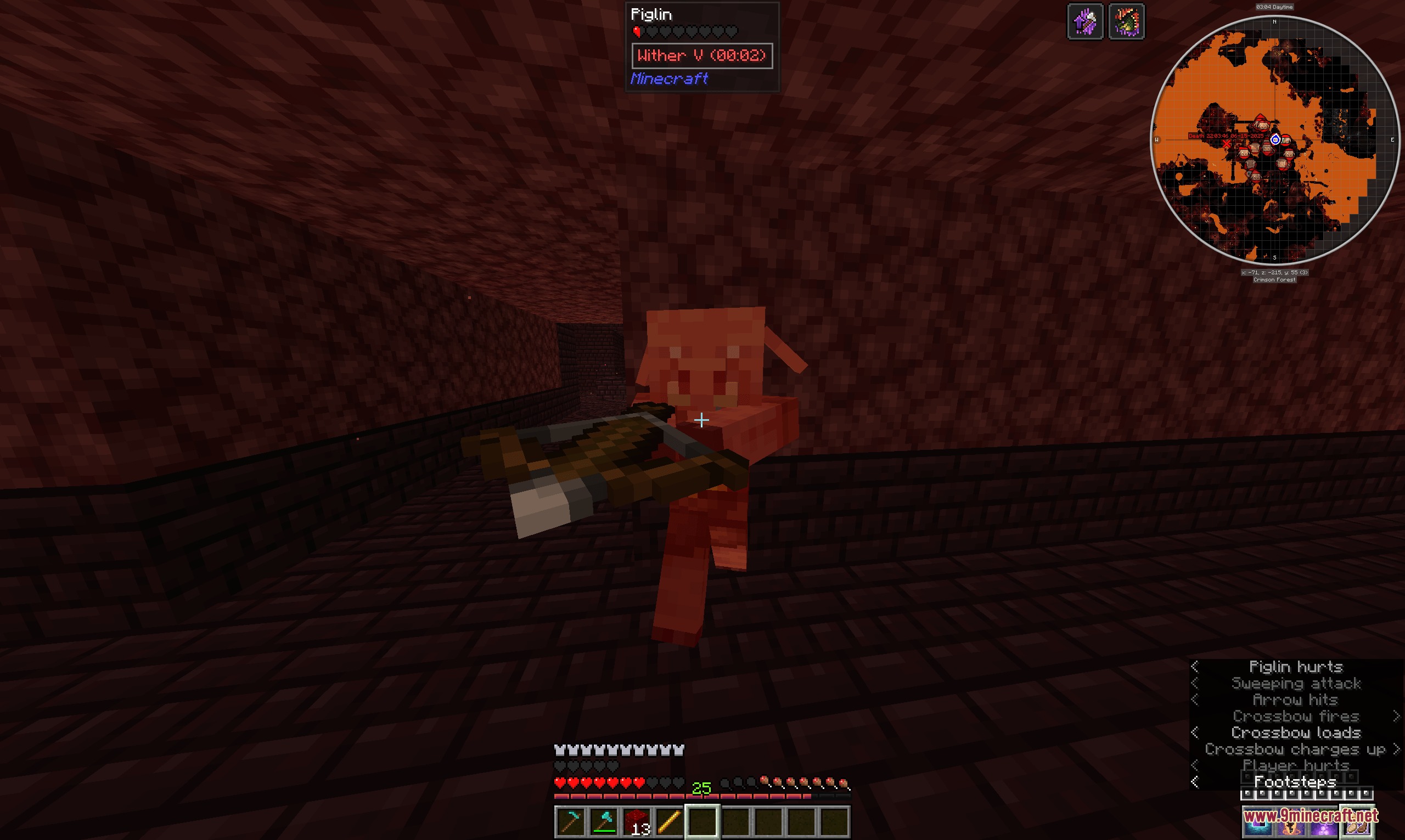 Dragon Survival Sculk Addon Resource Pack Screenshot 3 A Piglin with a crossbow attacks the player in a Nether fortress