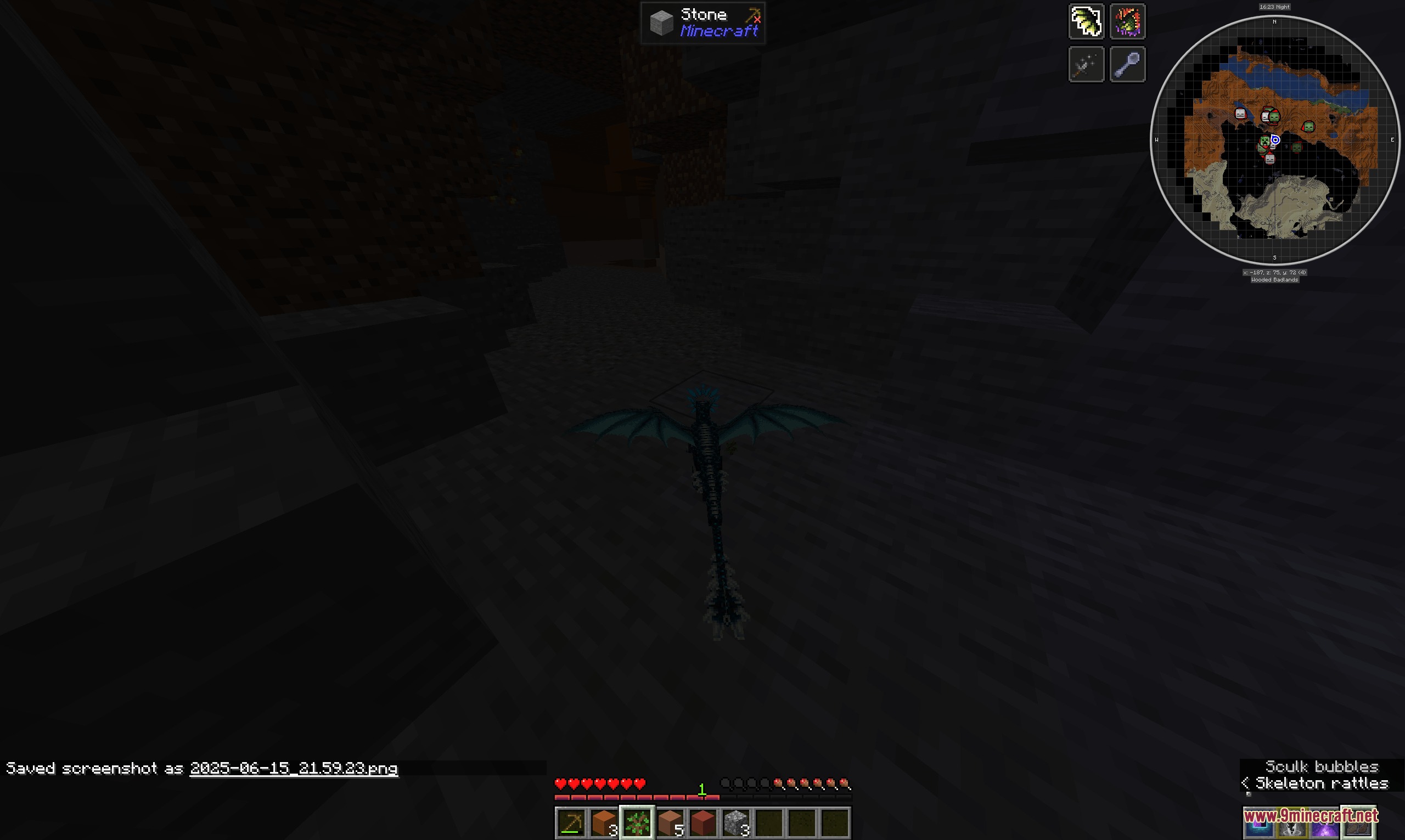 Dragon Survival Sculk Addon Resource Pack Screenshot 4 A sculk dragon flies through a dark underground cave in Minecraft