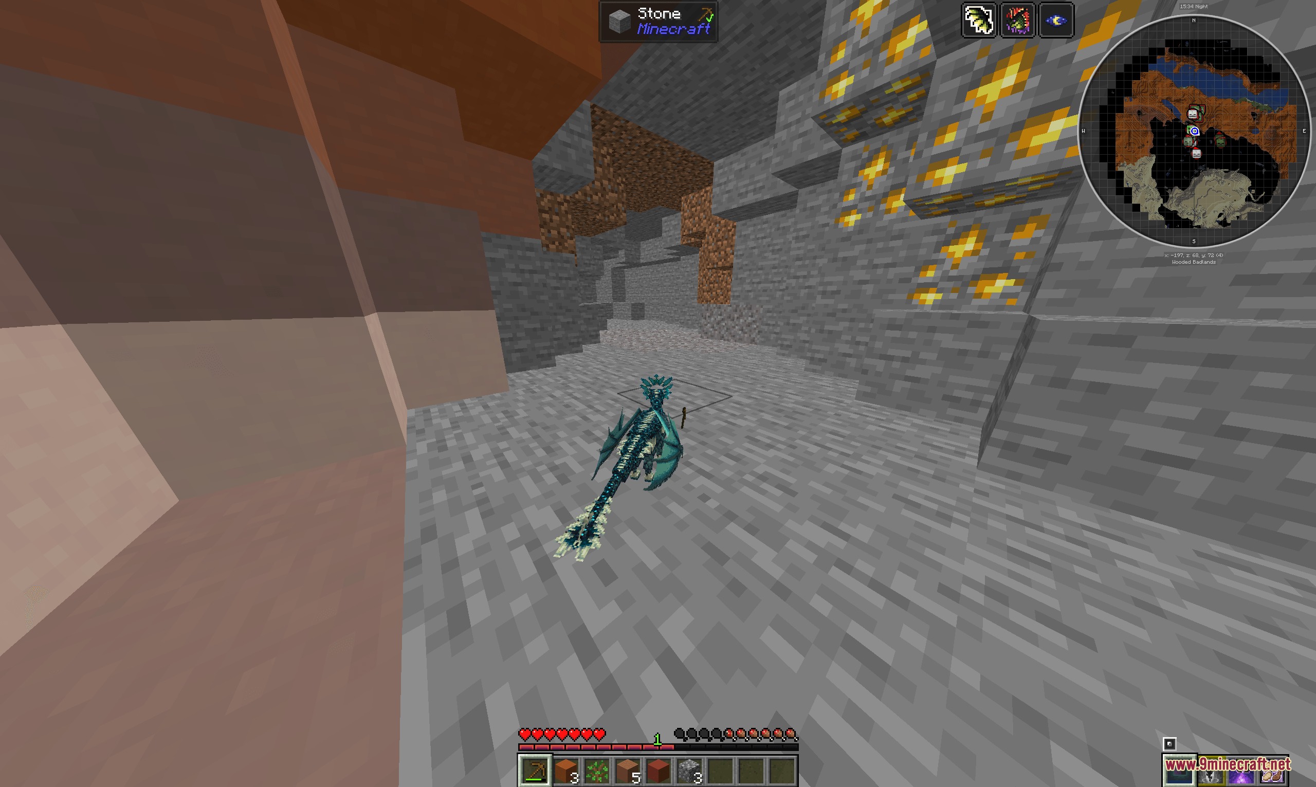 Dragon Survival Sculk Addon Resource Pack Screenshot 6 The sculk dragon stands near gold ore veins inside a stone cave