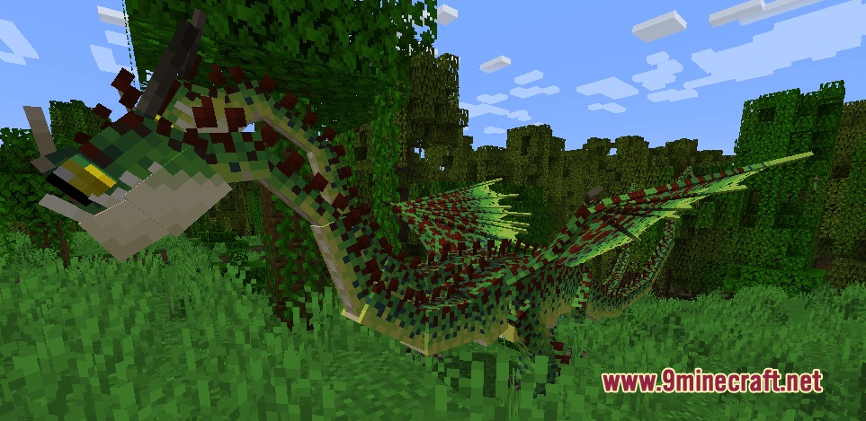 A green and red dragon standing in a dense jungle biome