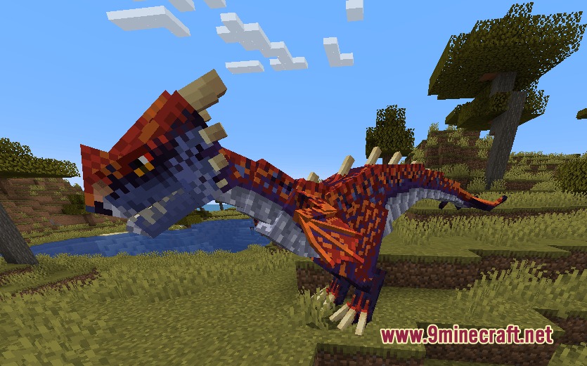 A large red and blue dragon stands in a savanna biome near water