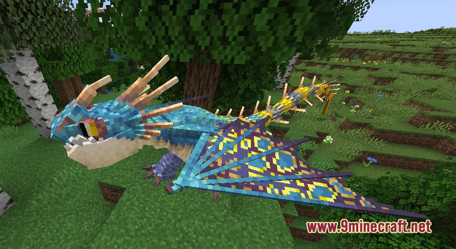 A colorful blue and yellow dragon stands among trees in a birch forest