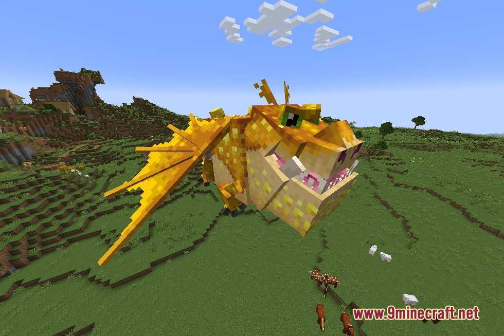 A large yellow Gronckle dragon standing in a grassy Minecraft plains biome