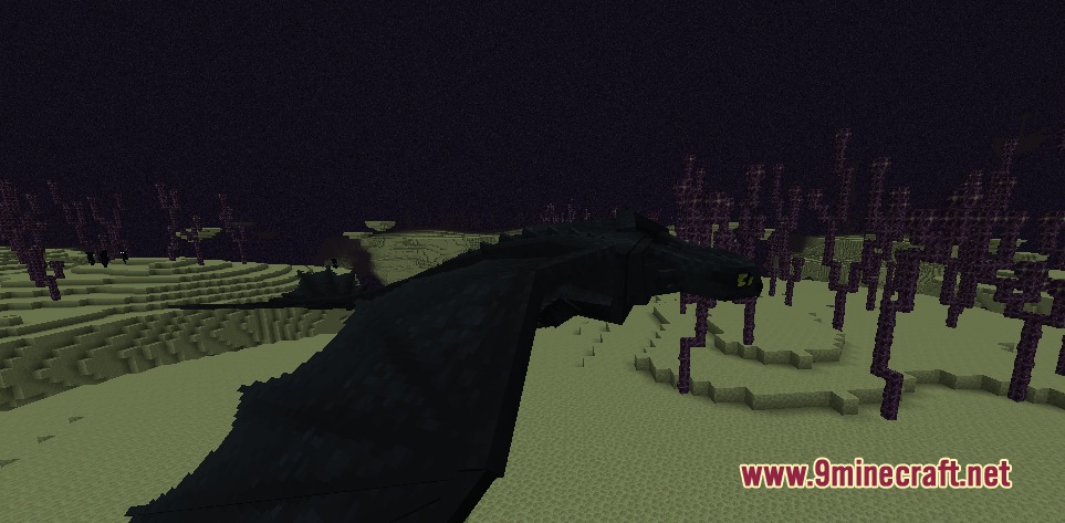 A black Night Fury dragon flying over the End dimension landscape