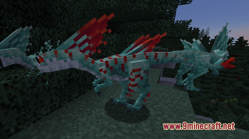 Two teal Speed Stinger dragons standing together in a dark forest biome