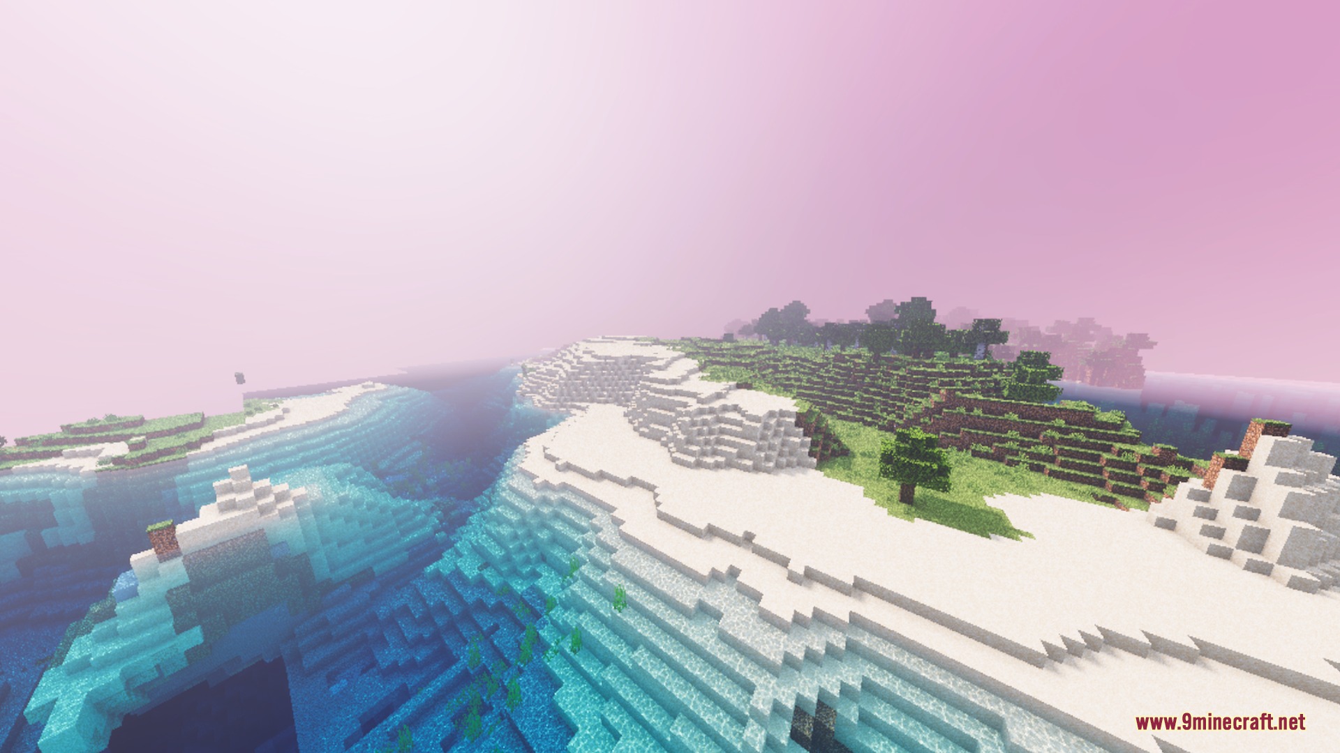 Icy shores and green hills meet under a glowing pinkish white sky