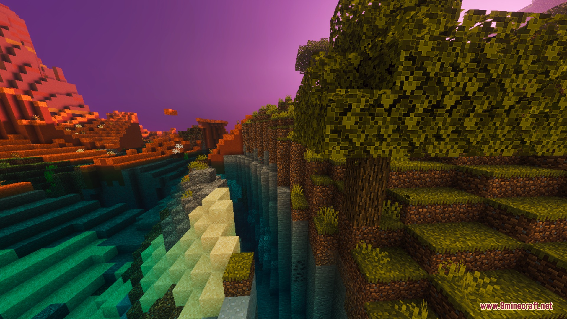 A deep ravine with water under a vibrant purple and magenta sky