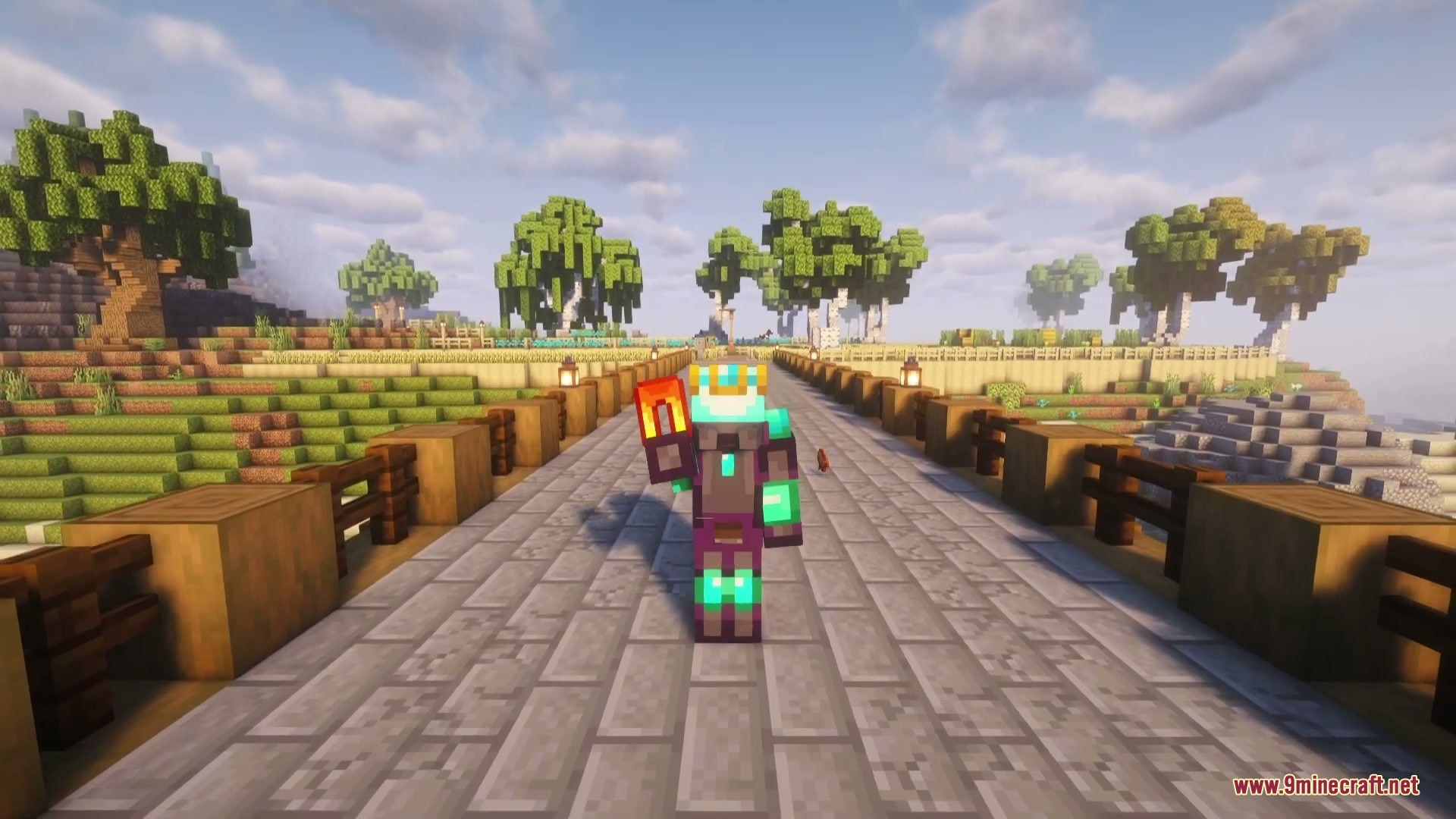 A Minecraft player wearing teal armor and a crown on a stone bridge