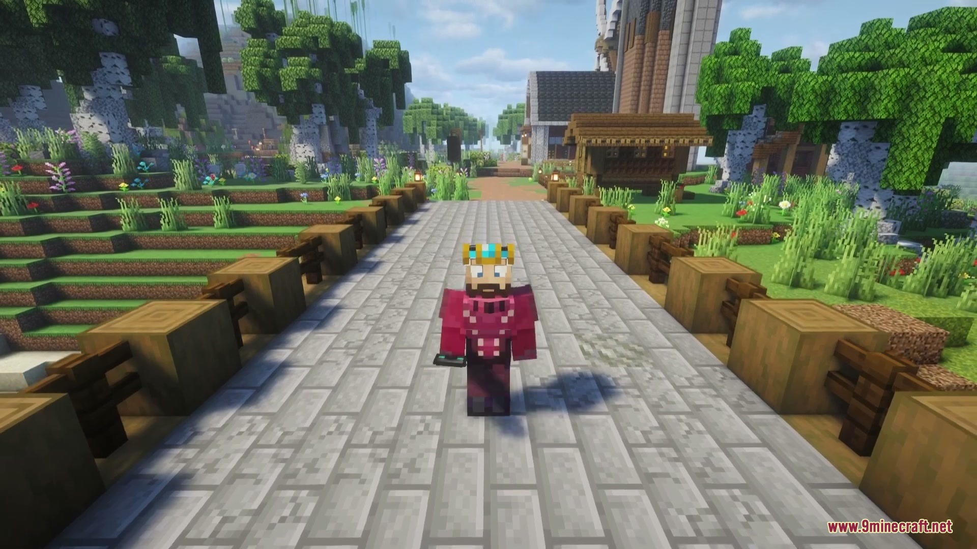 A player character wearing maroon armor standing on a stone brick path