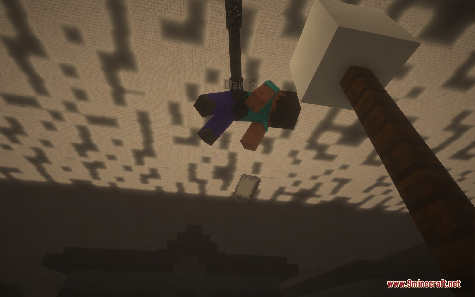 Dreamshift Mod Screenshot 1 A player character hangs upside down from the ceiling in a dark room