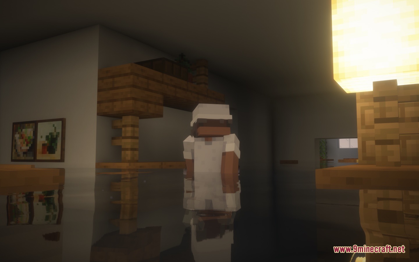 Dreamshift Mod Screenshot 2 A character wearing white armor stands in a flooded room with water reflections