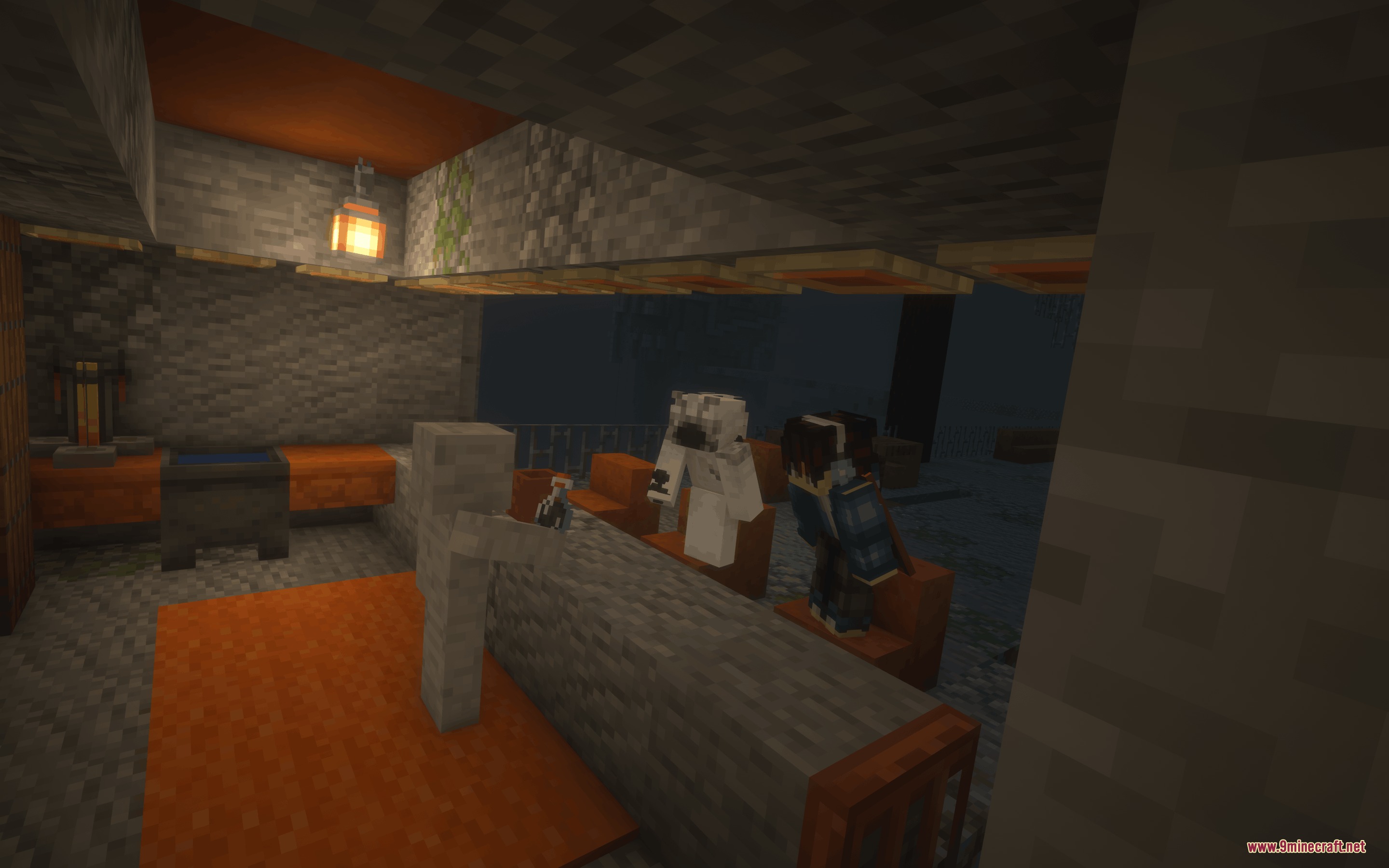 Dreamshift Mod Screenshot 4 Two players and an armor stand inside a dark stone basement bar