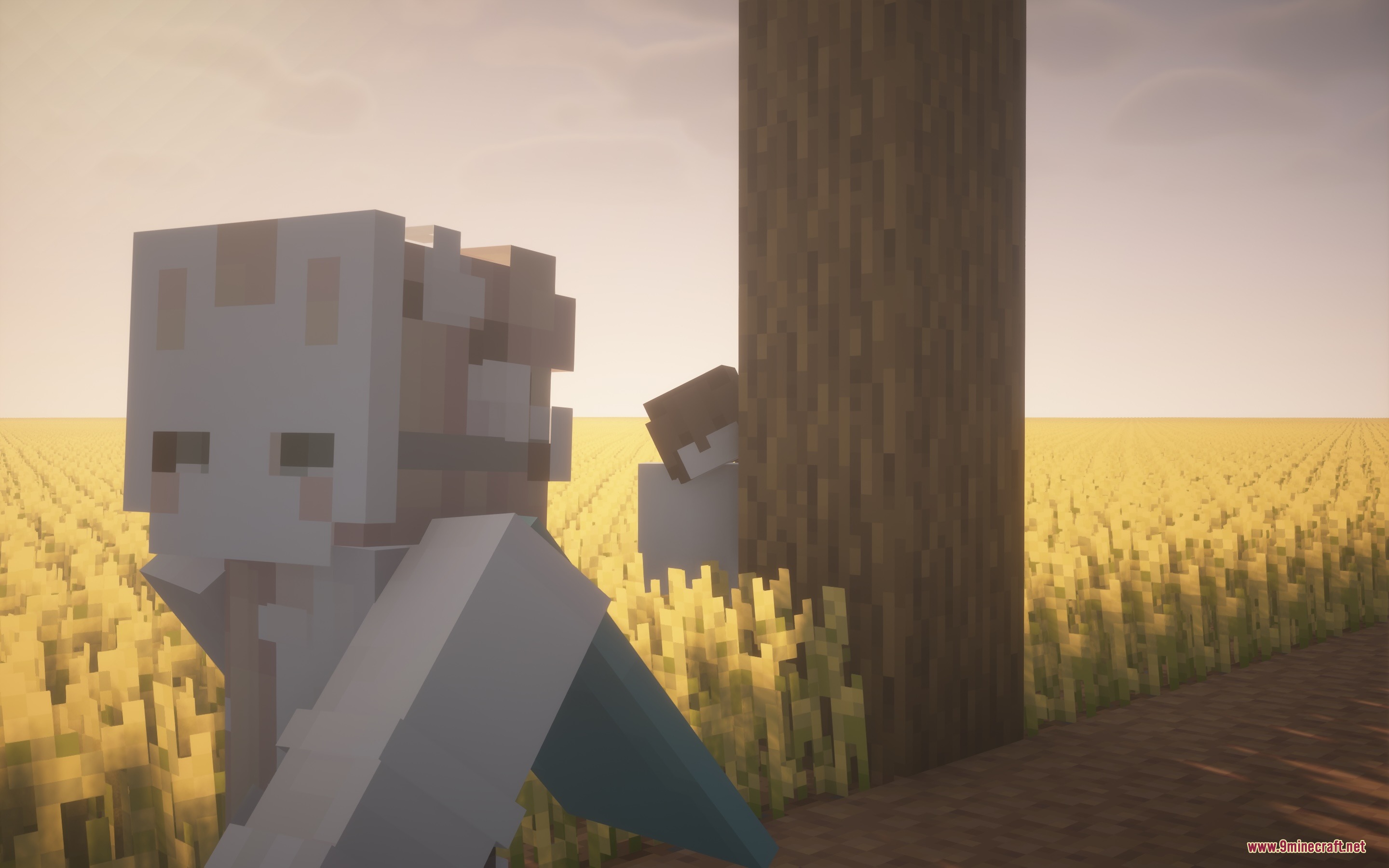 Dreamshift Mod Screenshot 5 A masked player explores a wheat field while another hides behind a tree