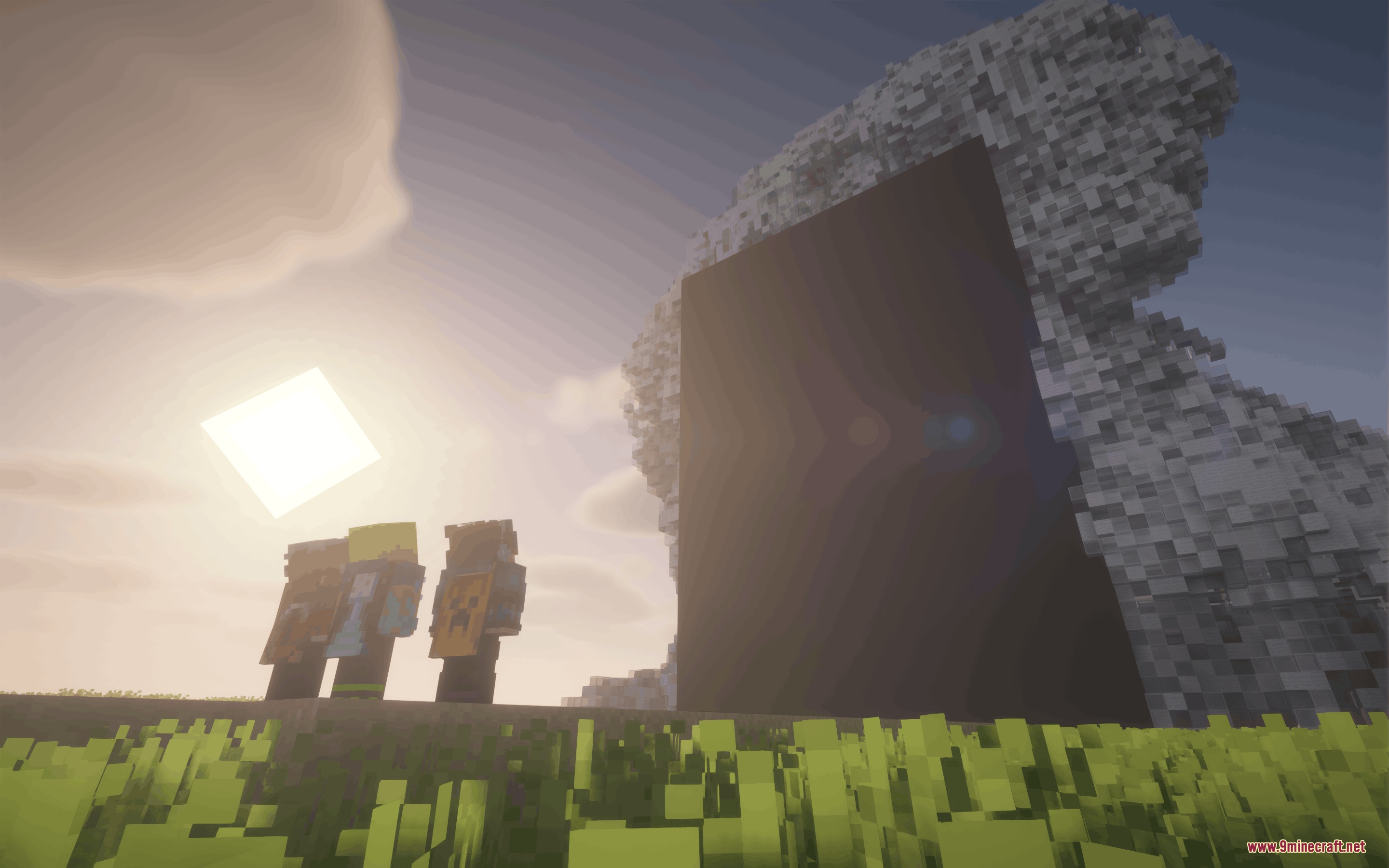 Dreamshift Mod Screenshot 6 Three players stand before a mysterious dark slippage portal in the landscape