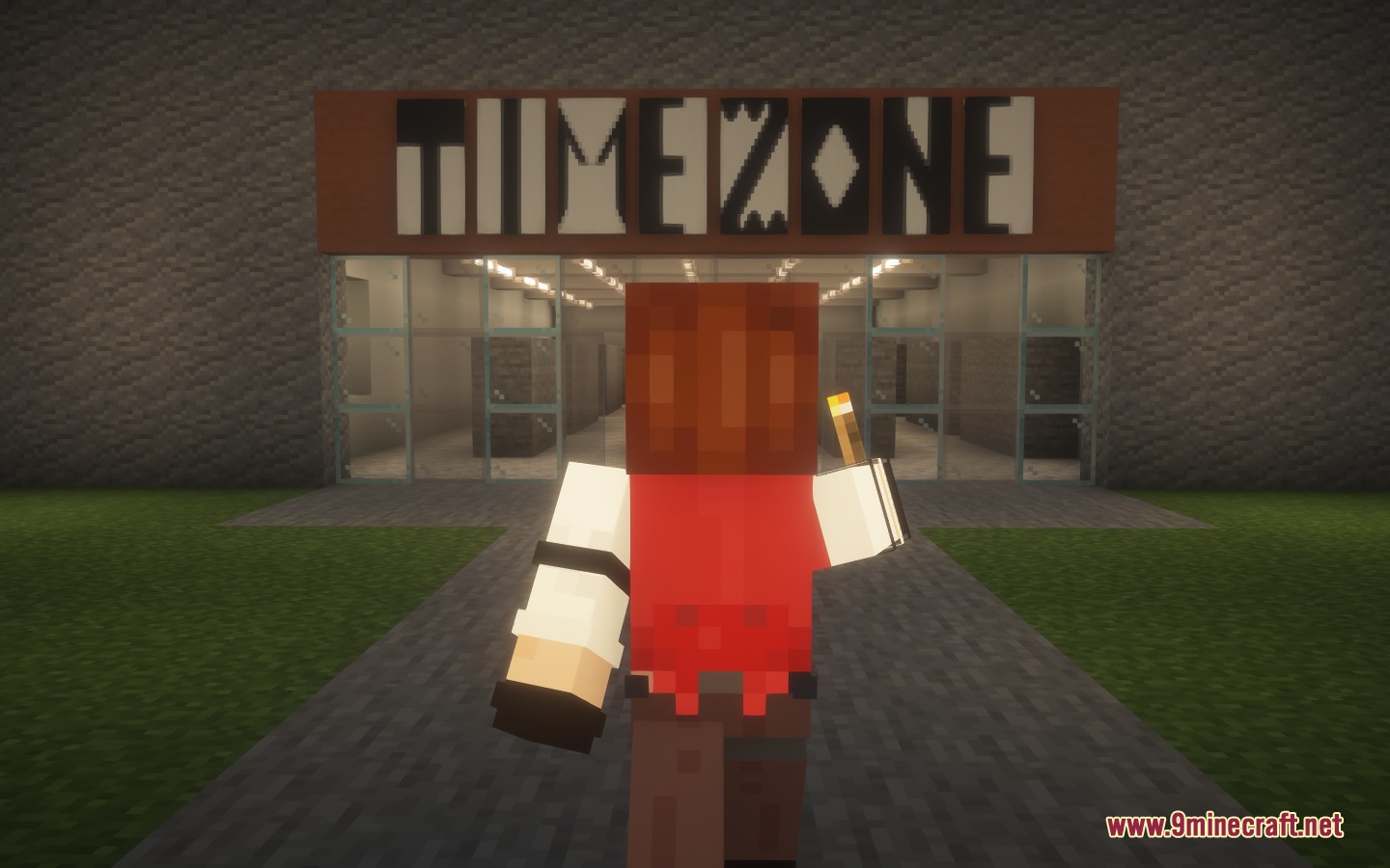 Dreamshift Mod Screenshot 7 A player stands in front of a mysterious building with a Timezone sign
