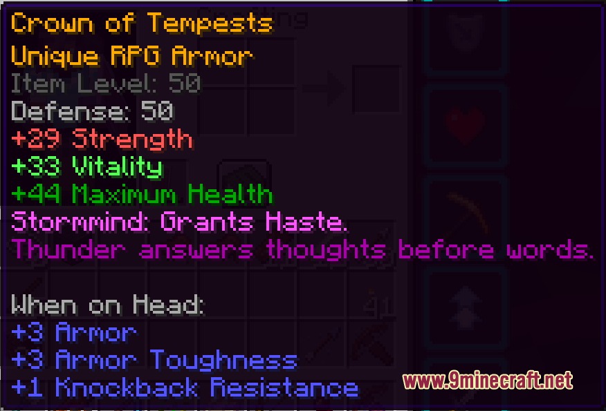 DungeonRPG Mod Screenshot 1 Detailed item tooltip for the Crown of Tempests unique armor in DungeonRPG mod