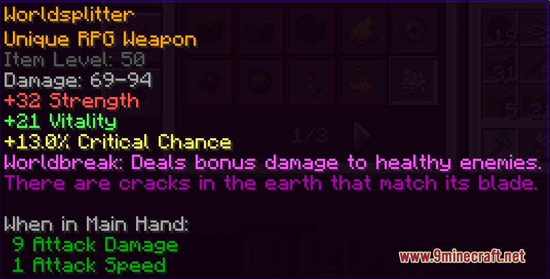 DungeonRPG Mod Screenshot 7 Detailed tooltip for the Worldsplitter unique weapon showing stats and special abilities