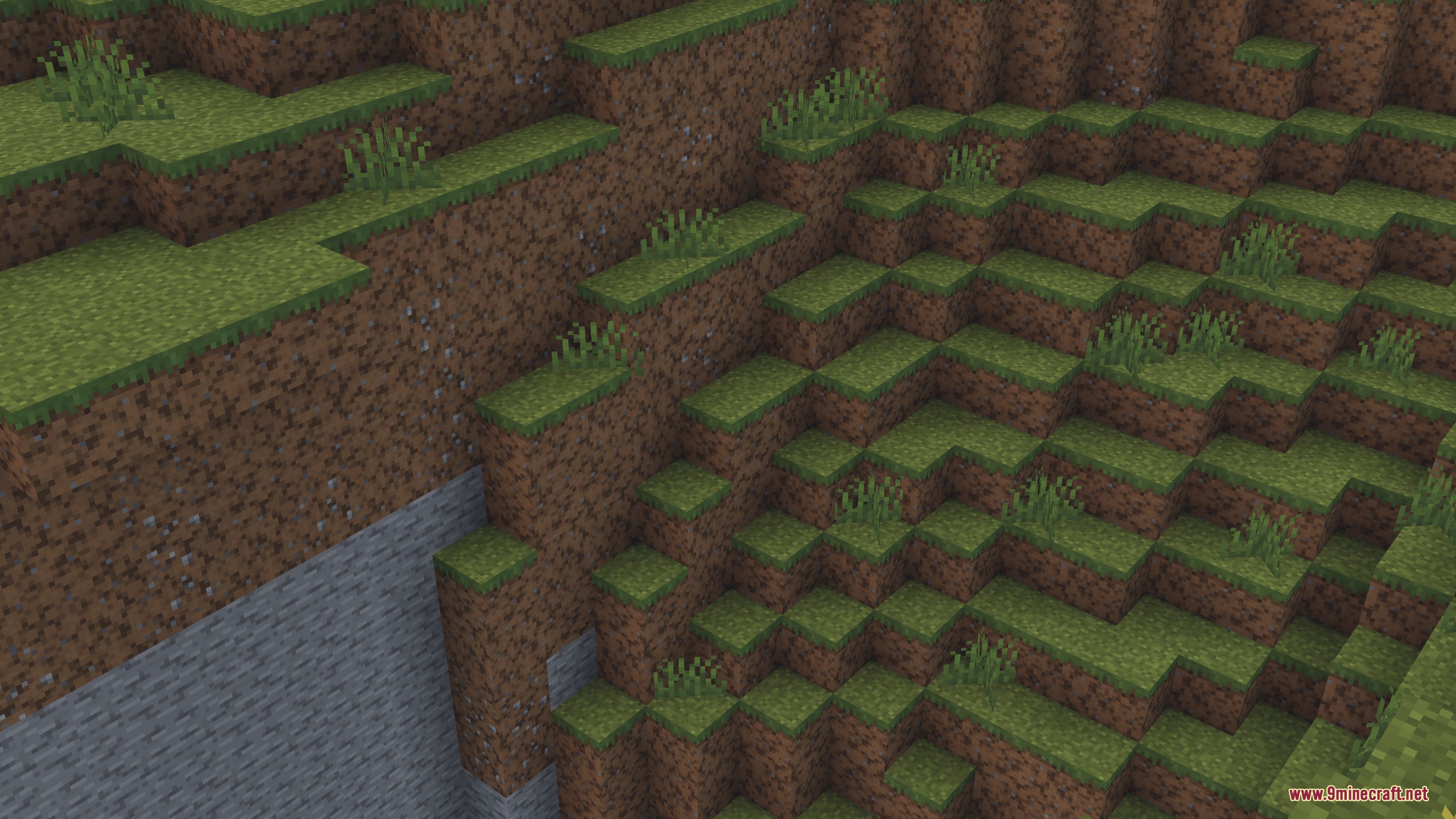 Dungeons Dirt Resource Pack Screenshot 1 A Minecraft hillside showing grass and dirt blocks with unique pebble variations