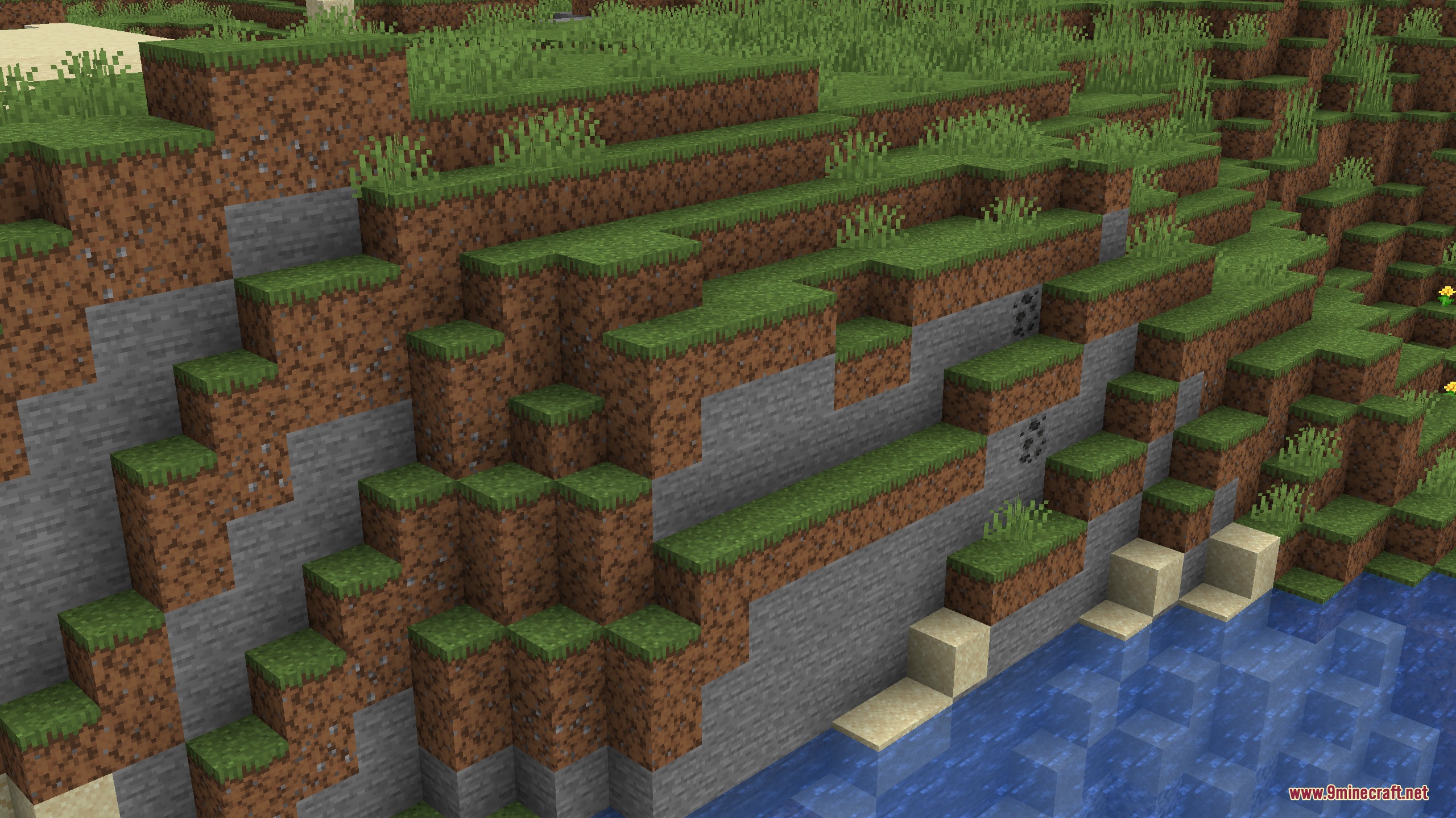 Dungeons Dirt Resource Pack Screenshot 4 Grassy hillside with dirt blocks featuring pebbles and random texture rotations