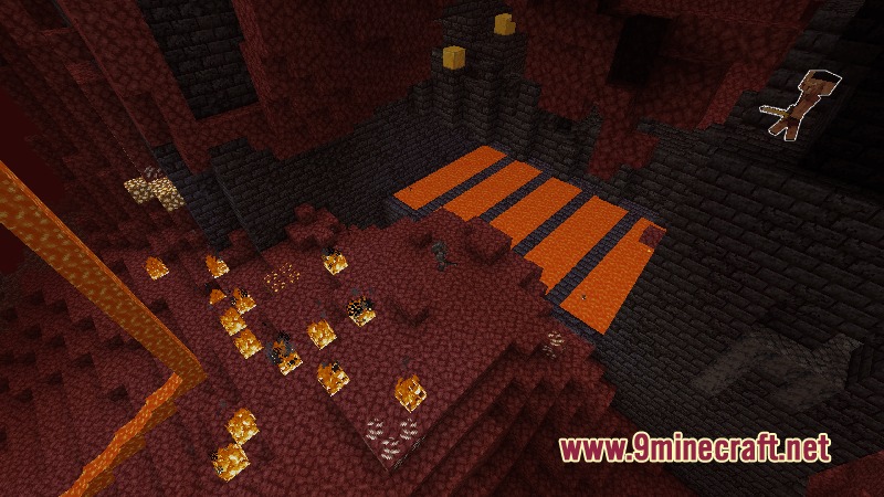 Dungeons Perspective Mod Screenshot 6 Isometric view of a player navigating a Nether structure with lava pools