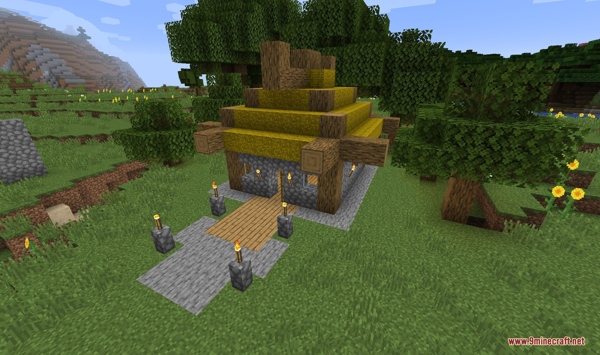 Dungeons Stone Resource Pack Screenshot 5 Small stone house with a yellow hay bale roof in a forest