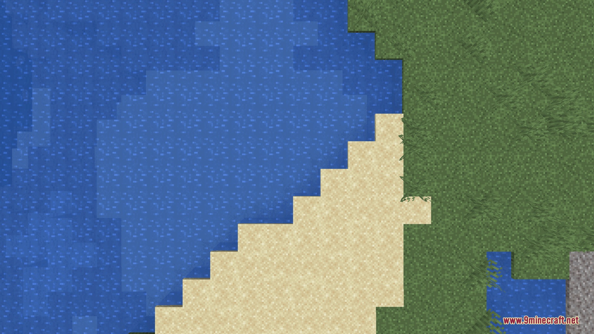 Dungeons Water Resource Pack Screenshot 2 Vibrant blue water textures bordering a sandy beach and green grass blocks