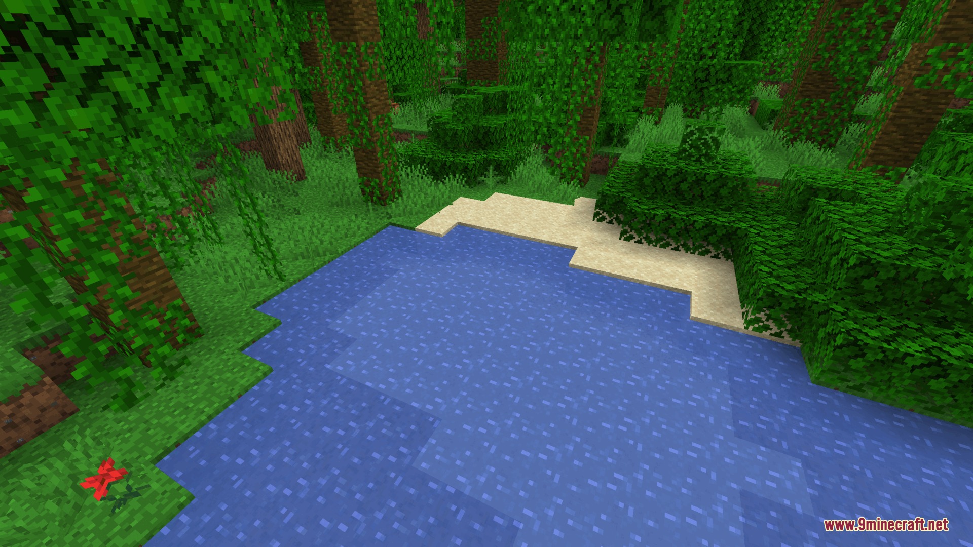 Dungeons Water Resource Pack Screenshot 3 Lush jungle biome featuring clear blue water from Dungeons Water Resource Pack