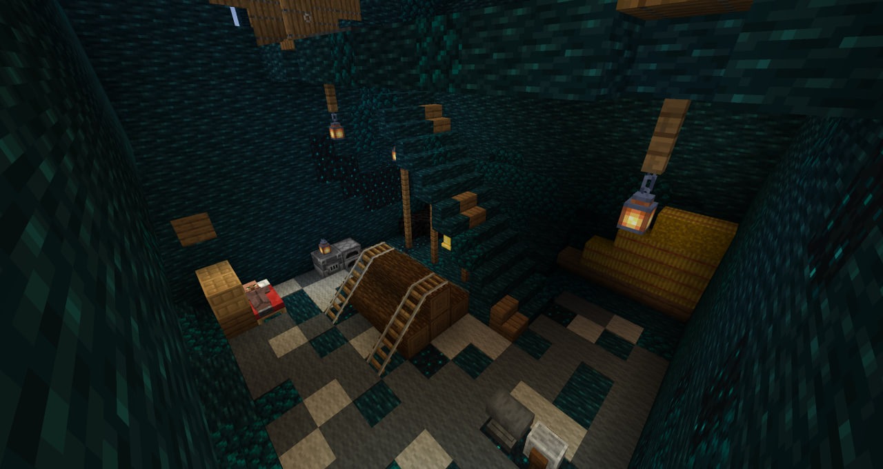 A dark underground dungeon room filled with sculk blocks and survival equipment