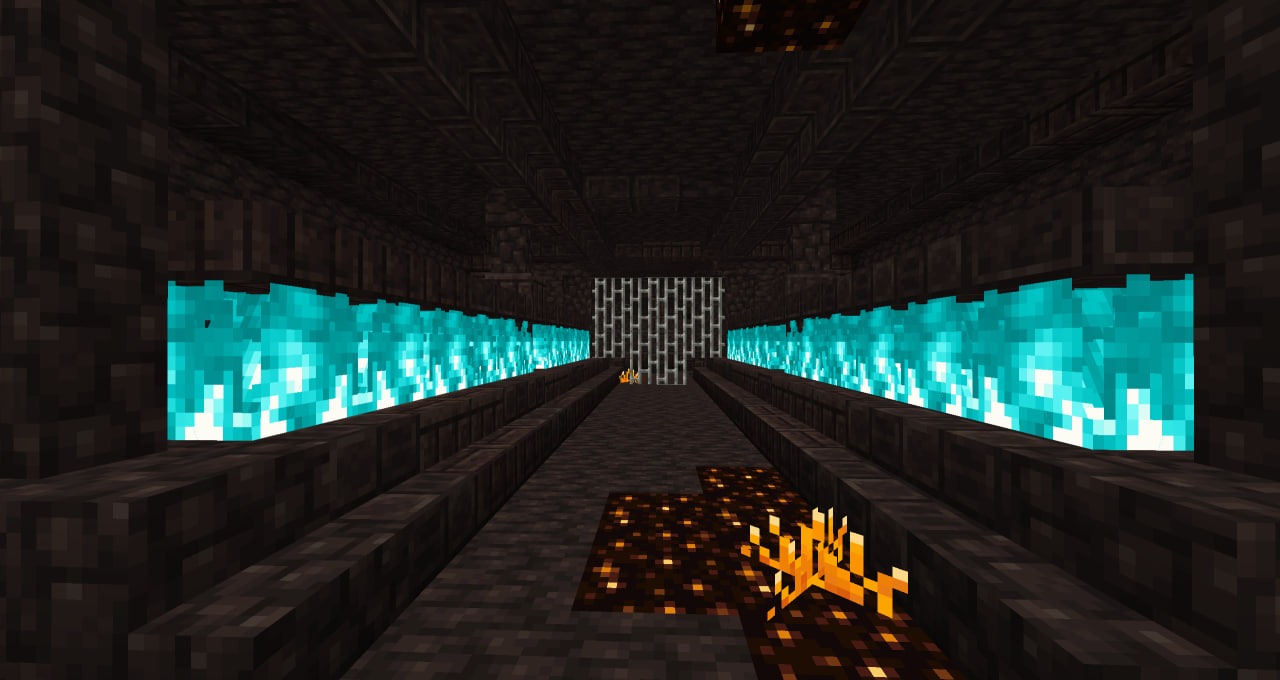 A dark stone dungeon corridor lined with rows of blue soul fire