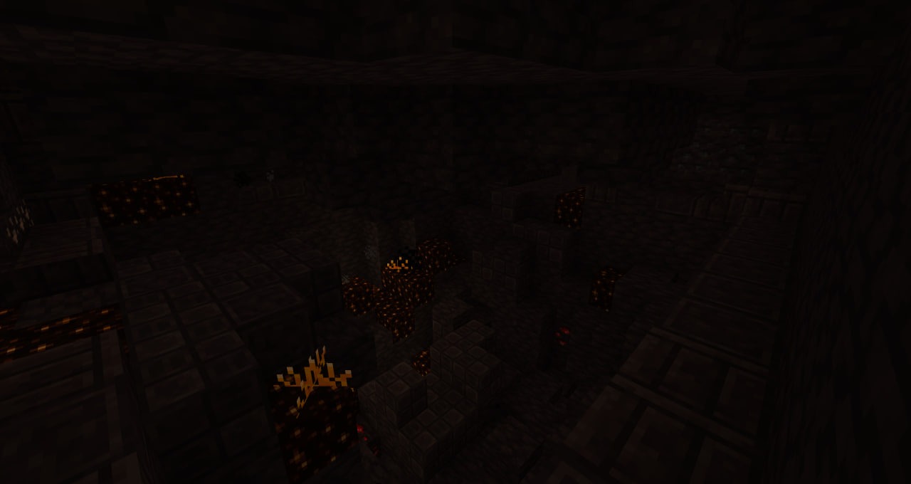 A dark underground dungeon chamber with glowing magma blocks and stone structures