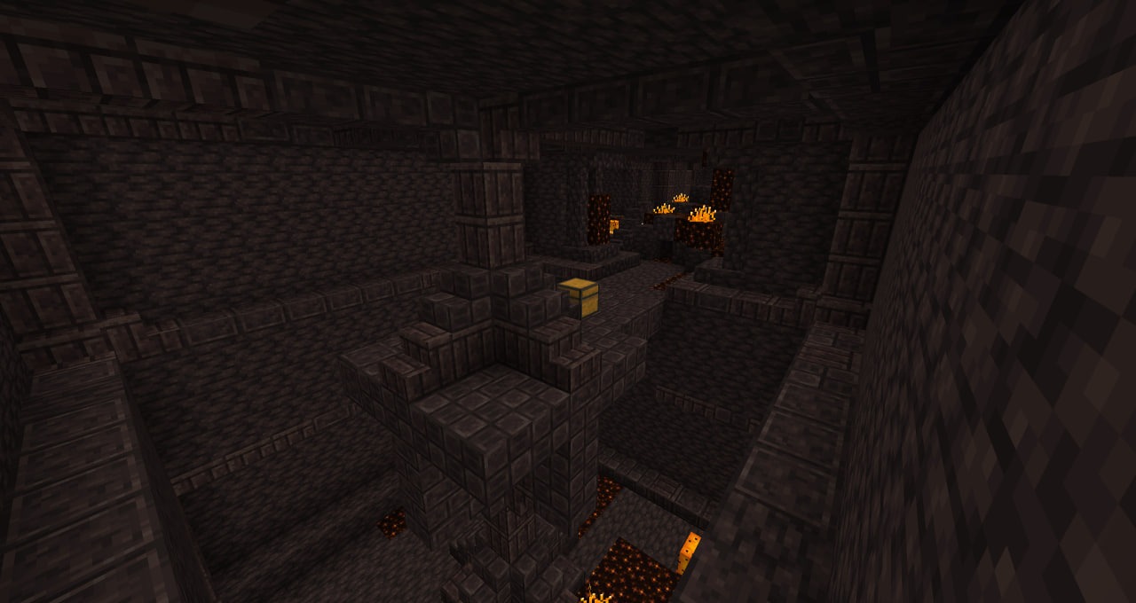 A massive stone dungeon room featuring a treasure chest and complex walkways