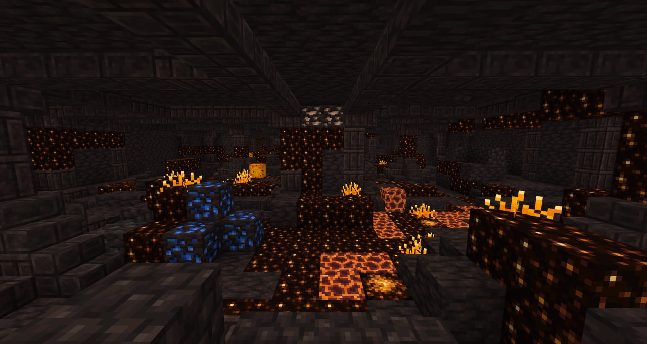 Dark stone dungeon filled with glowing magma blocks and blue crystal formations