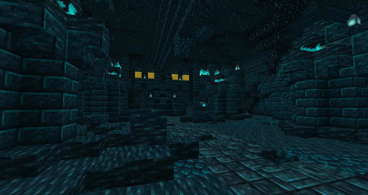 Sprawling underground location in the Otherside dimension featuring blue soul fire lanterns