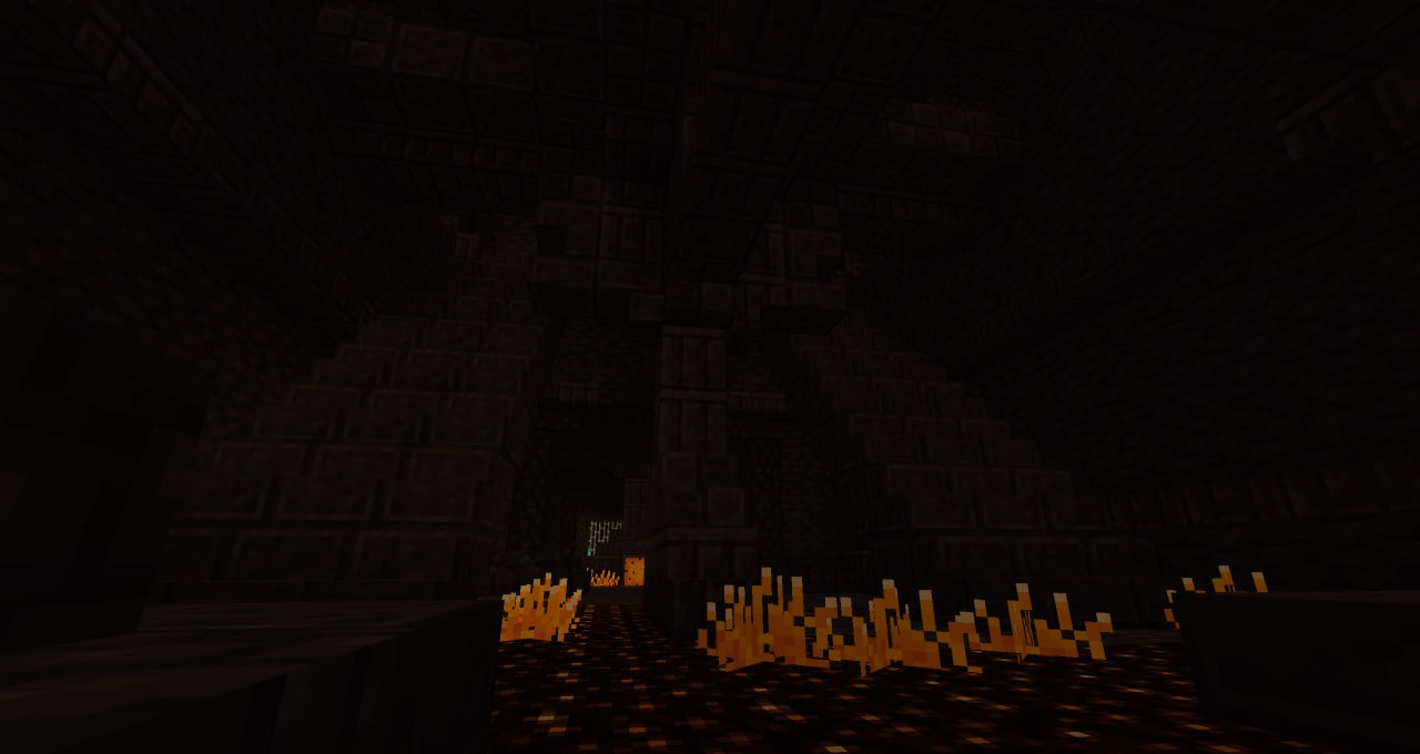 Dark stone dungeon chamber featuring glowing orange vegetation on the floor