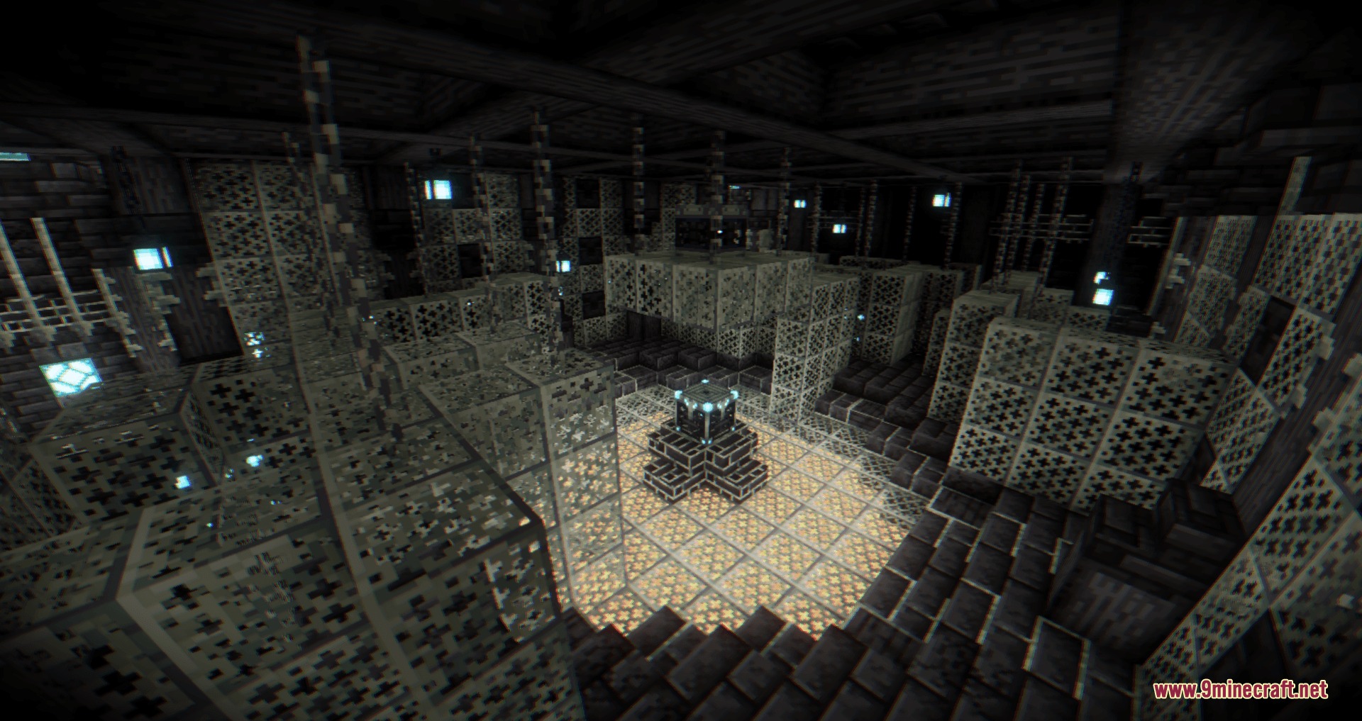A dungeon room containing many cage blocks and a central glowing pedestal